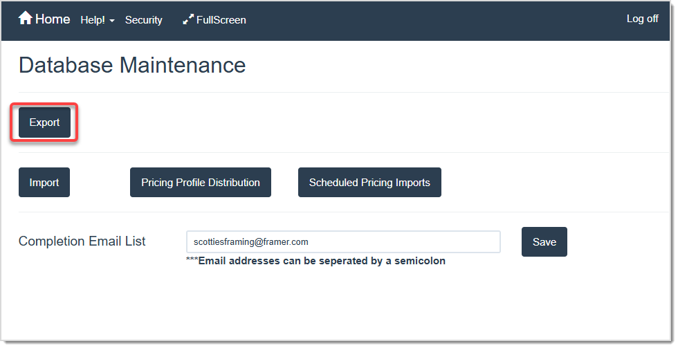 Image displaying the Database Maintenance page, highlighting the Export button.