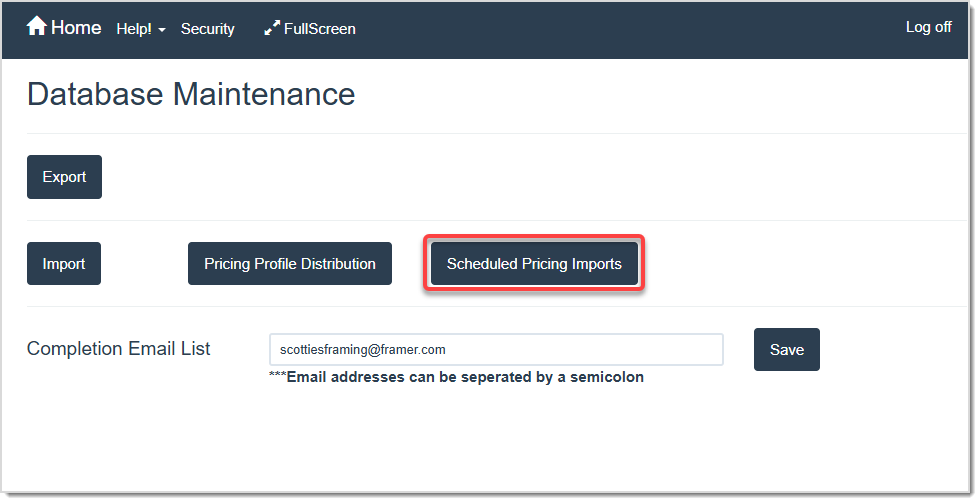 Image displaying the Database Maintenance page, highlighting the Scheduled Pricing Imports button.