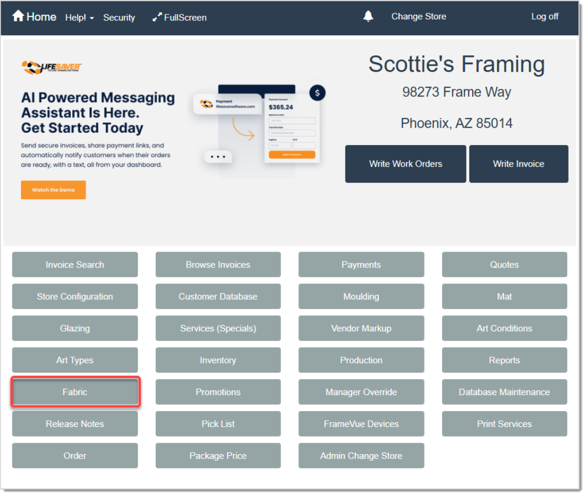 Image displaying the LifeSaver Home page, highlighting the Fabric button.
