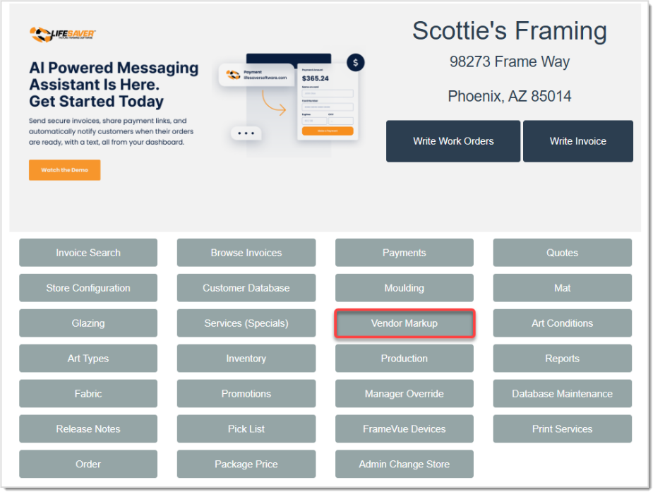 Image displaying the Vendor Markup button on the LifeSaver Home page.