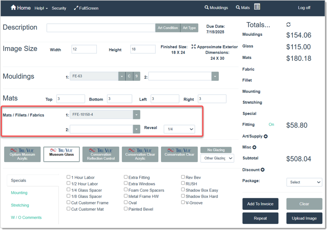 Image displaying the Write Order page, highlighting the Mats / Fillets / Fabrics field where you can add fabric items to an order.
