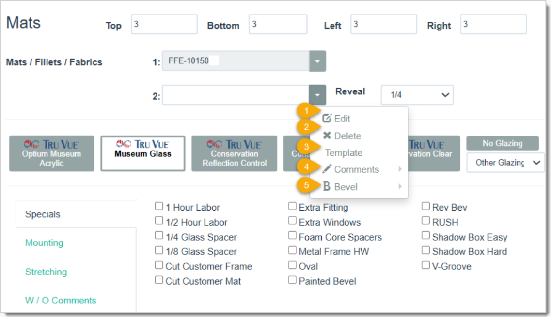 Image displaying the Write Order page, highlighting the functions in the drop-list of the Mats / Fillets/ Fabrics field.