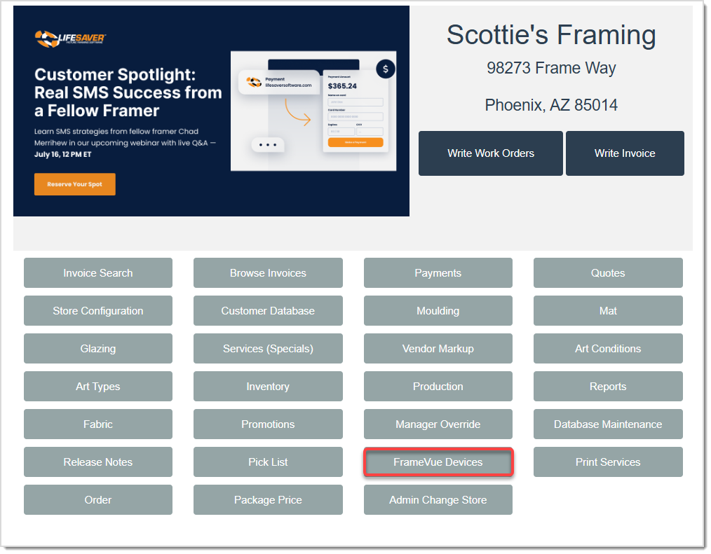 Image displaying the LifeSaver Home page, highlighting the Store Configuration button.