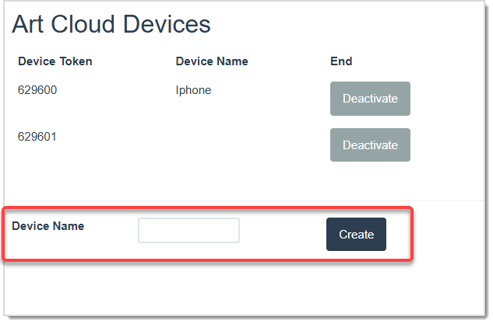 Image displaying the Art Cloud Devices page, highlighting the Device Name field and the Create button.