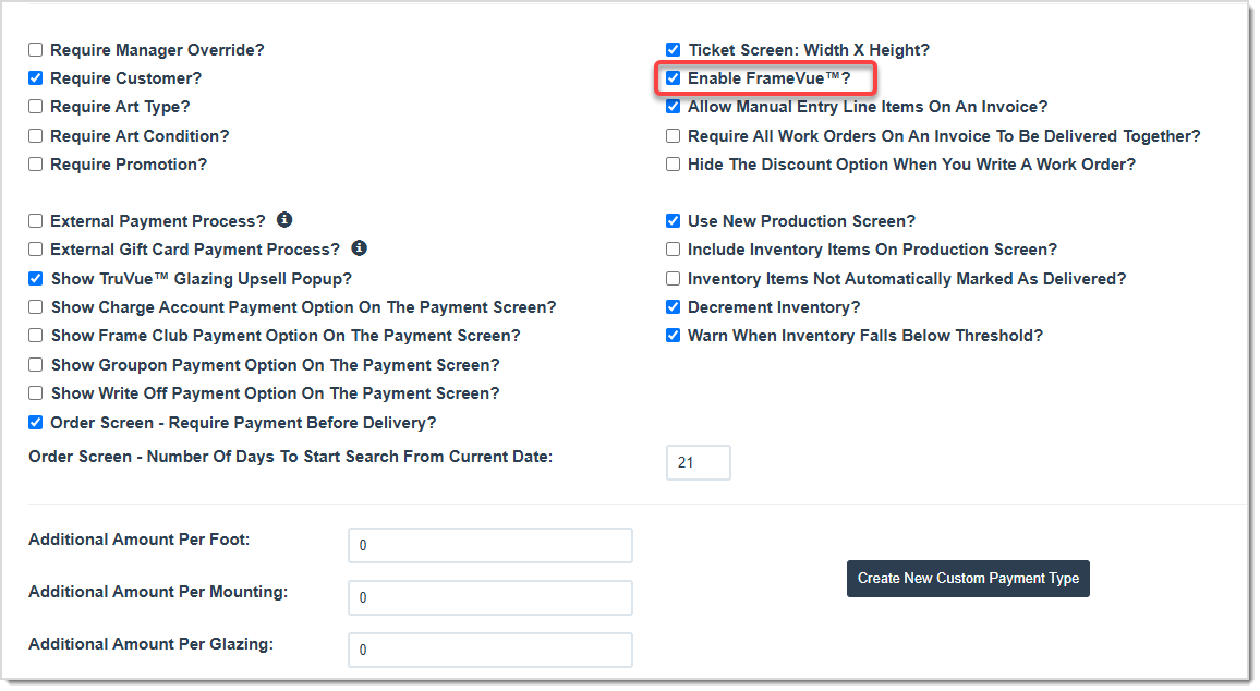 Image highlighting the Enable Framevue checkbox on the Settings tab of the Store Configuration page.
