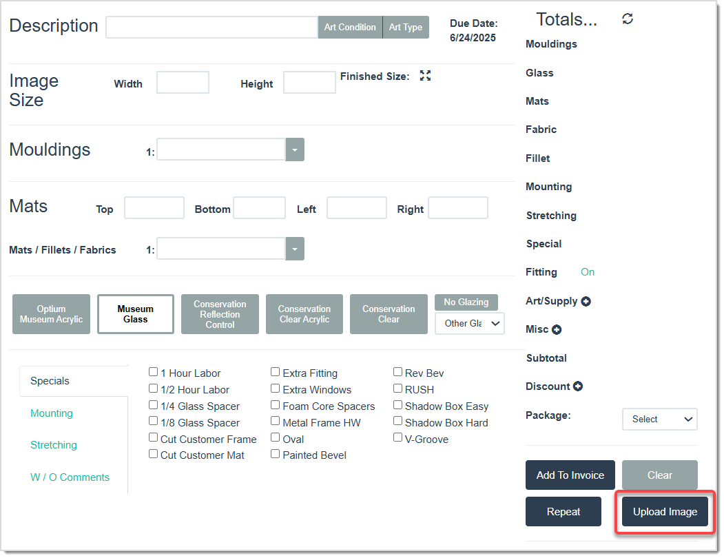 Image displaying the Write Work Orders page, highlighting the Upload Image button on the bottom of the page.