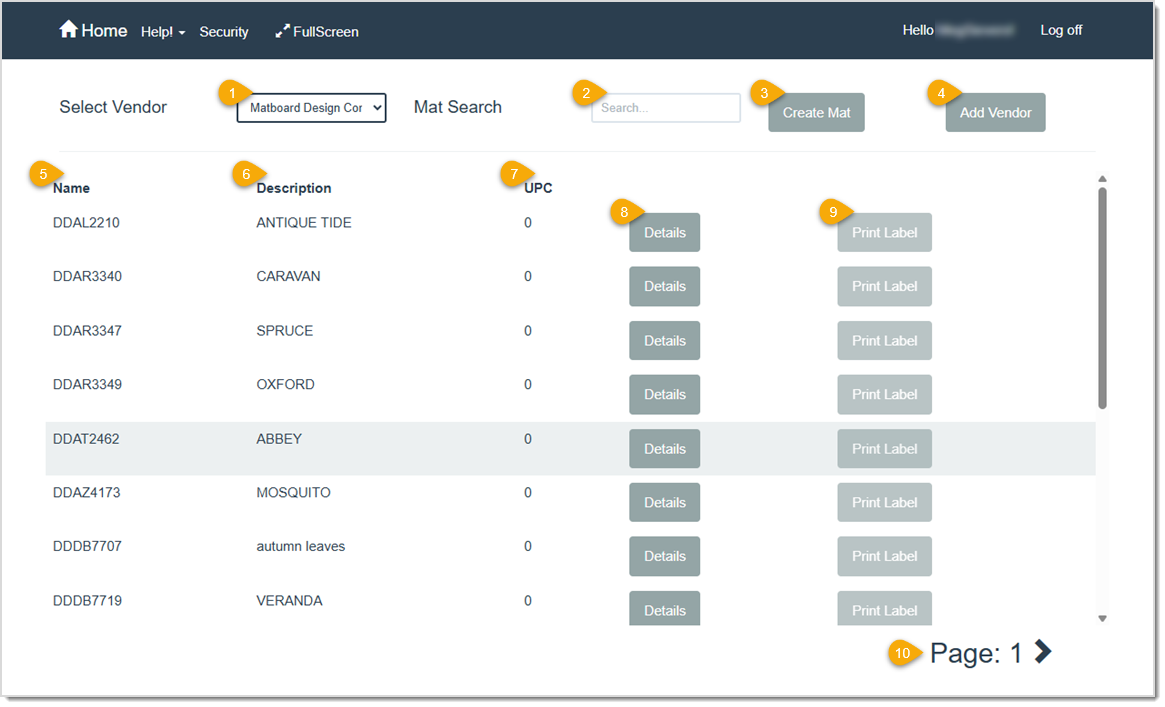 Image showing an example of the Mat page when a Vendor is selected.