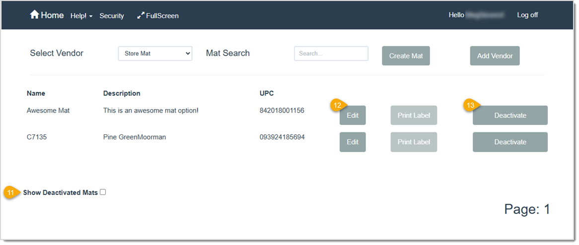 Image showing an example of the Mat page of the LifeSaver software when the Store Mat vendor is selected.