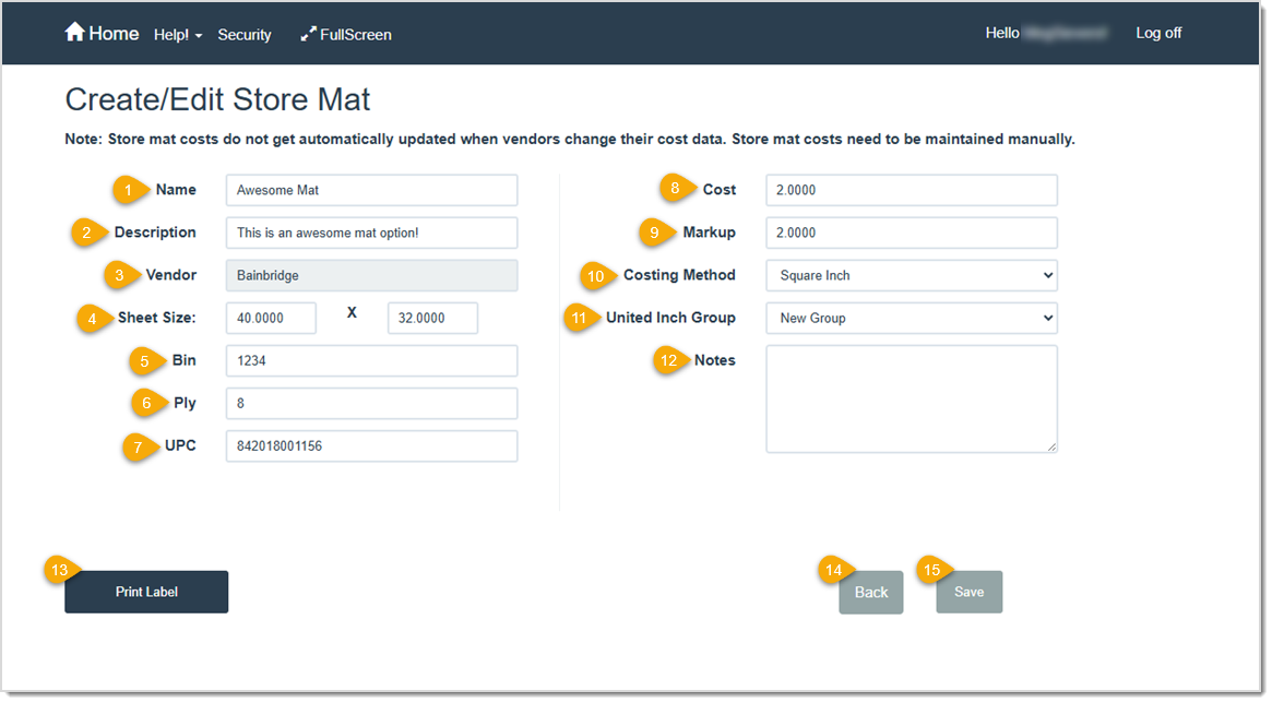 Image showing an example of the Create / Edit Store Mat page in the LifeSaver software with features highlighted.