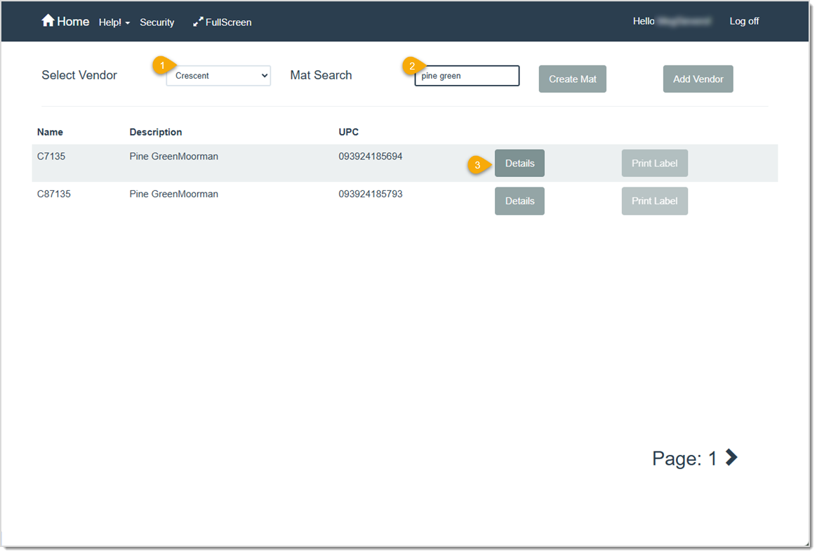 Image showing how to select a vendor Mat to create a Store Mat selection in the LifeSaver software.