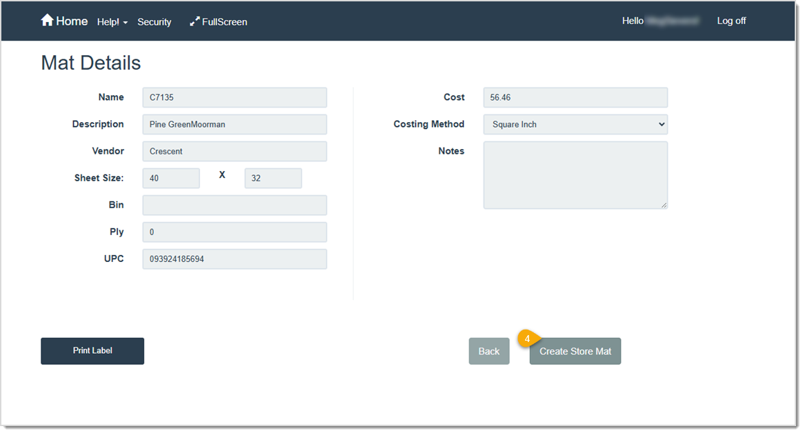 Image highlighting the Create Store Mat button on the Mat Details page.