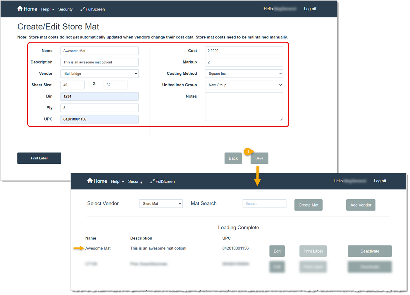 Image showing how you might enter values for a new store Mat in the LifeSaver software.