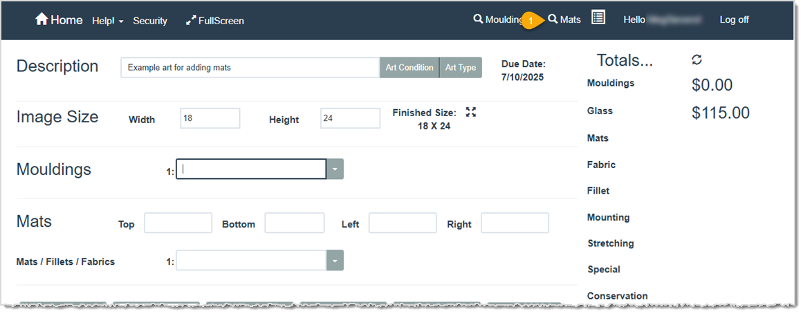 Image highlighting the Mats link at the top of a work order in the LifeSaver software.