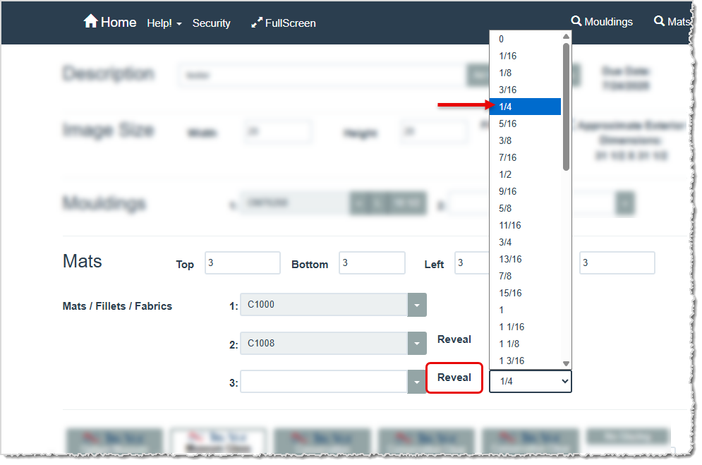 Image showing where to set your Mat reveal on a work order in the LifeSaver software.