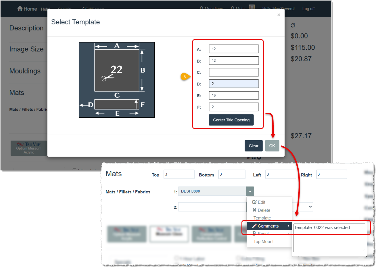 Image showing where to enter the cut measurements for a Mat template and how to know if a Mat already has a template assigned to it on a work order.