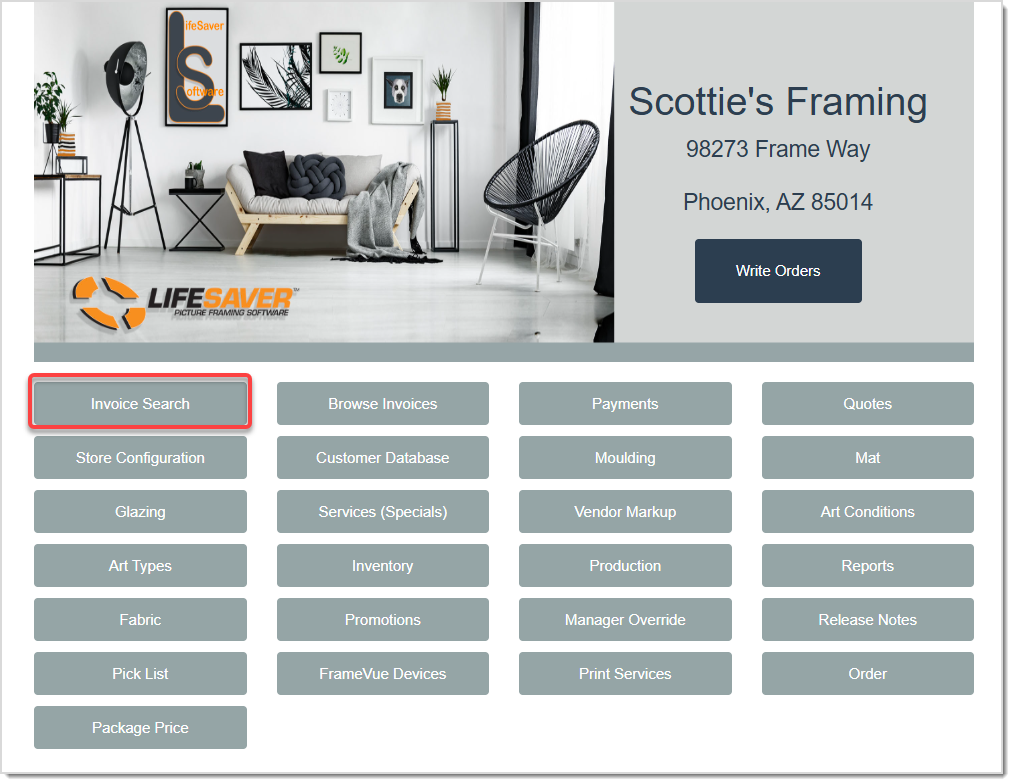 Image displaying the LifeSaver Home page and highlighting the Invoice Search button.