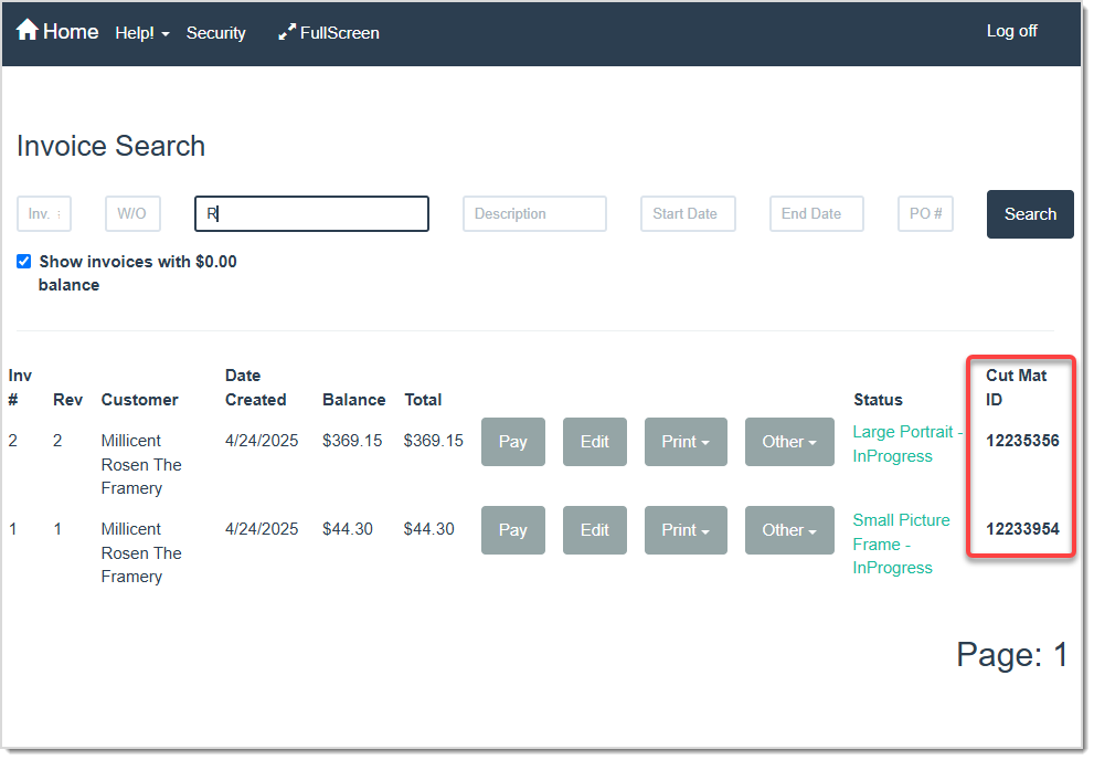 Image displaying the Invoice Search page, highlighting the Cut Mat ID value.