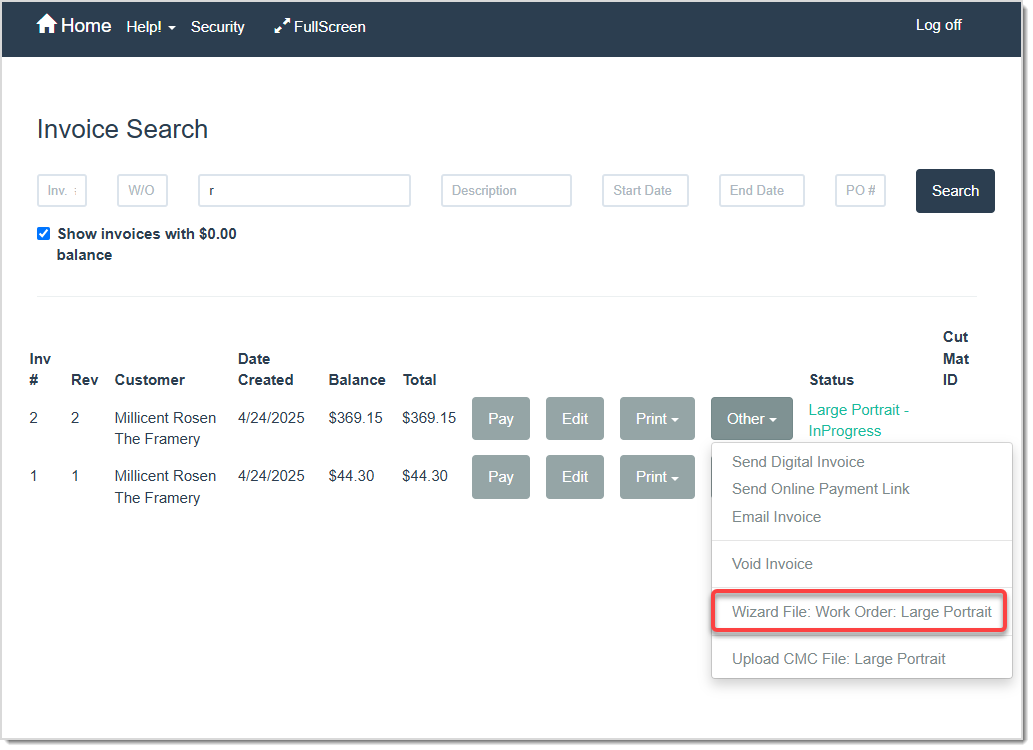 Image displaying what options are available when the Other button is clicked on the Invoice Search page.