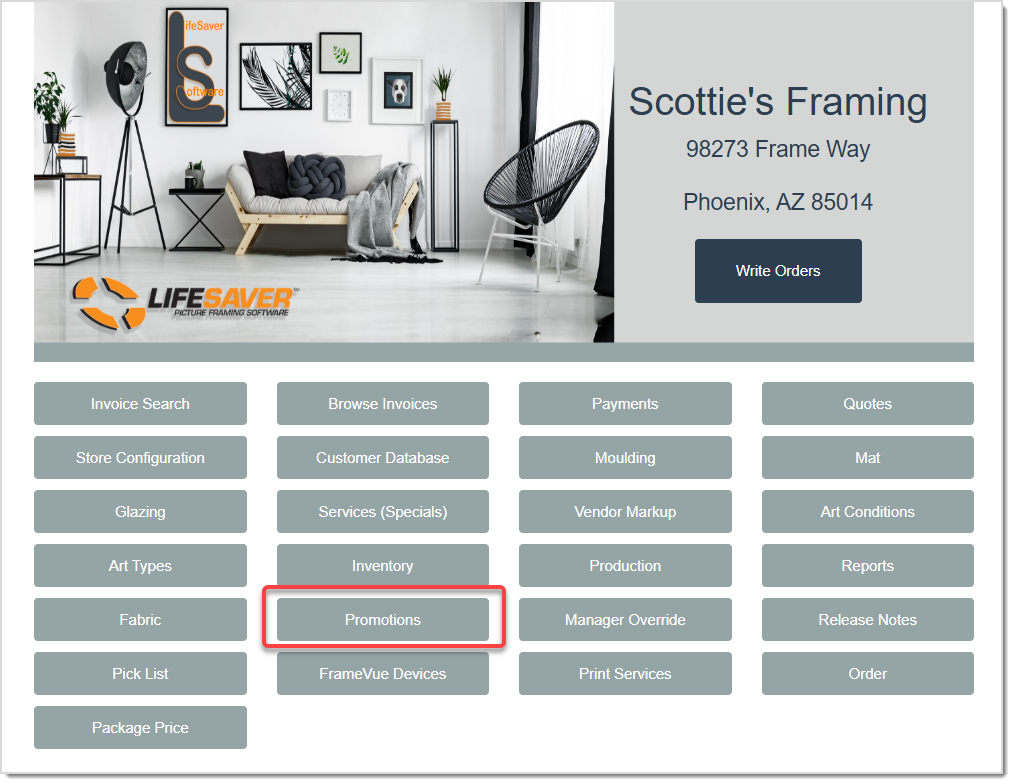 Image displaying the LifeSaver Home page, highlighting the Promotions button.