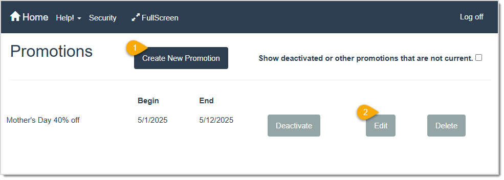 Image displaying the Promotions page with key areas highlighted.