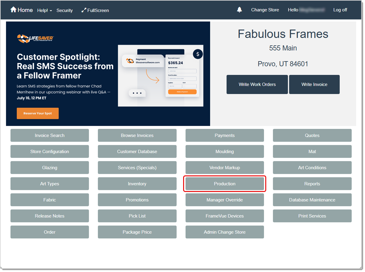 Image highlighting how to access your Production setup options in the LifeSaver software’s Home page.