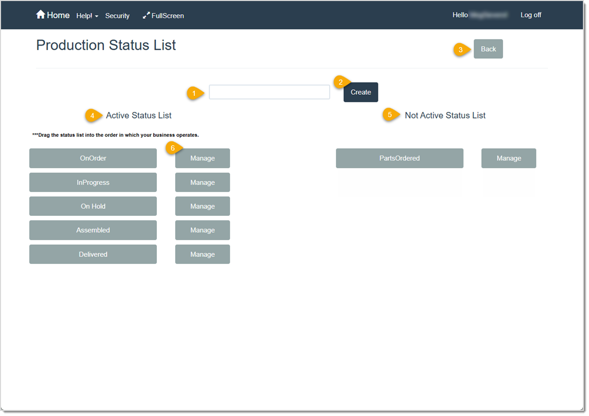 Image showing the Production Status List page where you can create and manage any of your LifeSaver software production statuses.