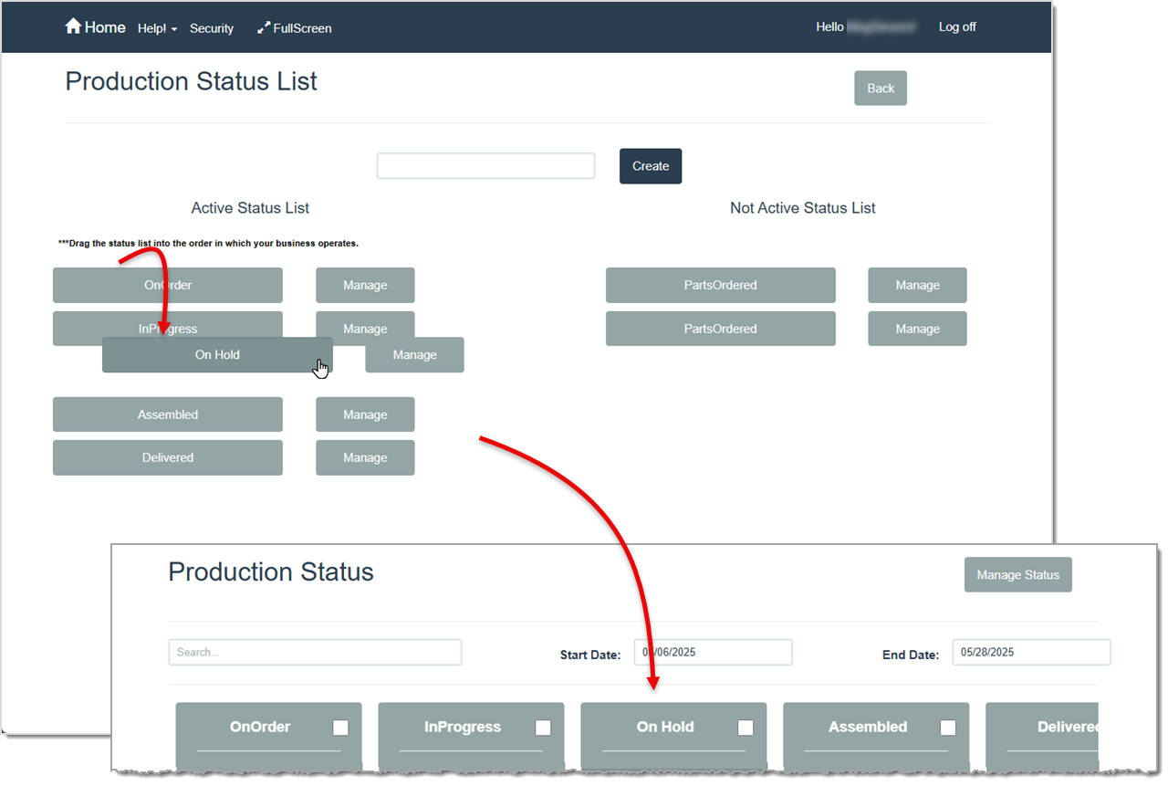 Image showing how to reorganize your production statuses in the LifeSaver software.