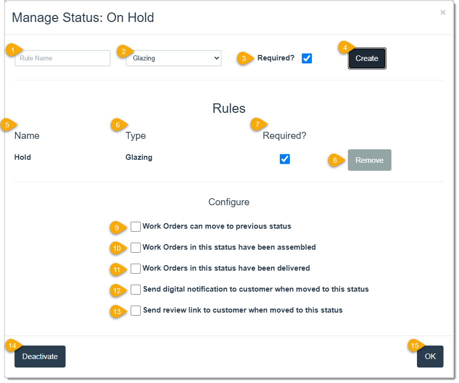 Image showing the Manage Status window where you can deactivate a production status or assign it specific rules and configurations in the LifeSaver software.