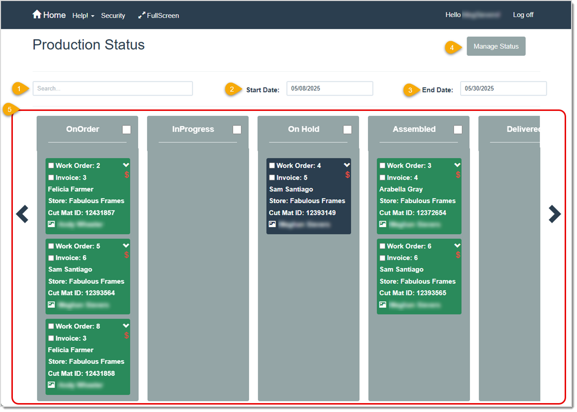 Image showing the Production Status page in the LifeSaver software with key features highlighted.