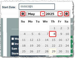 Image showing how to select a start and end date for filtering work orders and inventory items on the Production Status page in the LifeSaver software.