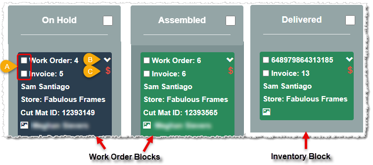 Image showing an example of the work order and inventory blocks on the Production Status page and the different icons in each box.