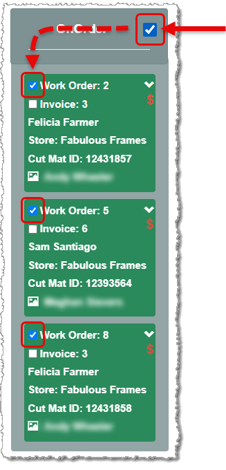 Image showing how to use the Status check box to select an entire column of work orders or inventory items to move on the Production Status page in the LifeSaver software.