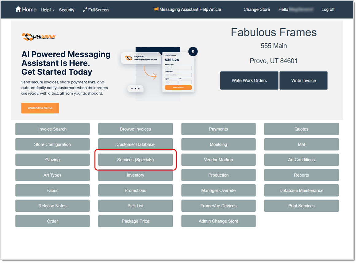 Image showing how to access Services (Specials) feature in the LifeSaver software.