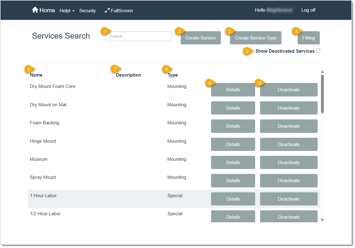 Image showing the Services (Specials) page in the LifeSaver software with key features highlighted.