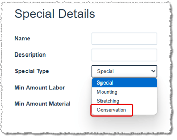Image showing where Special Types are assigned to Specials (Services) in the LifeSaver software.