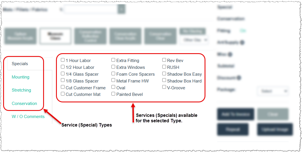 Image showing where Service Types and Service (Specials) can be found on a work order in the LifeSaver software.