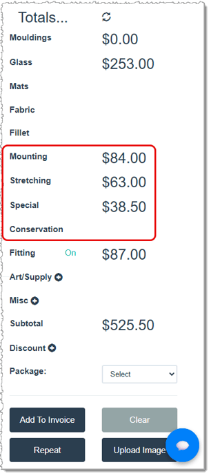 Image showing how added Services (Specials) appear as Totals on a work order in the LifeSaver software.