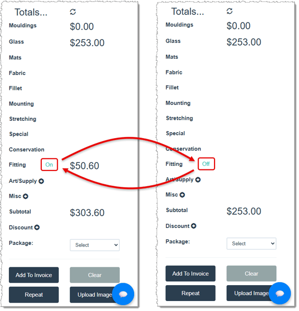 Image showing how to turn fitting fees on or off on a work order in the LifeSaver software.