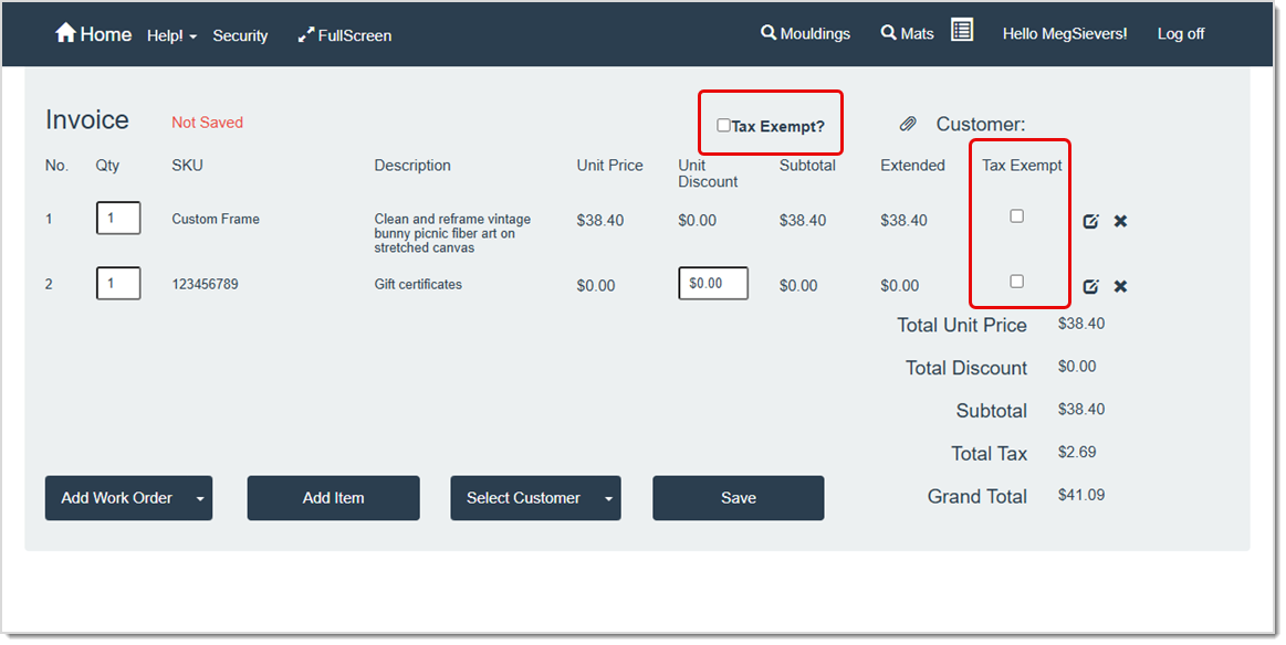 Image showing where to mark an invoice, or part of an invoice, exempt from sales tax in the LifeSaver software.