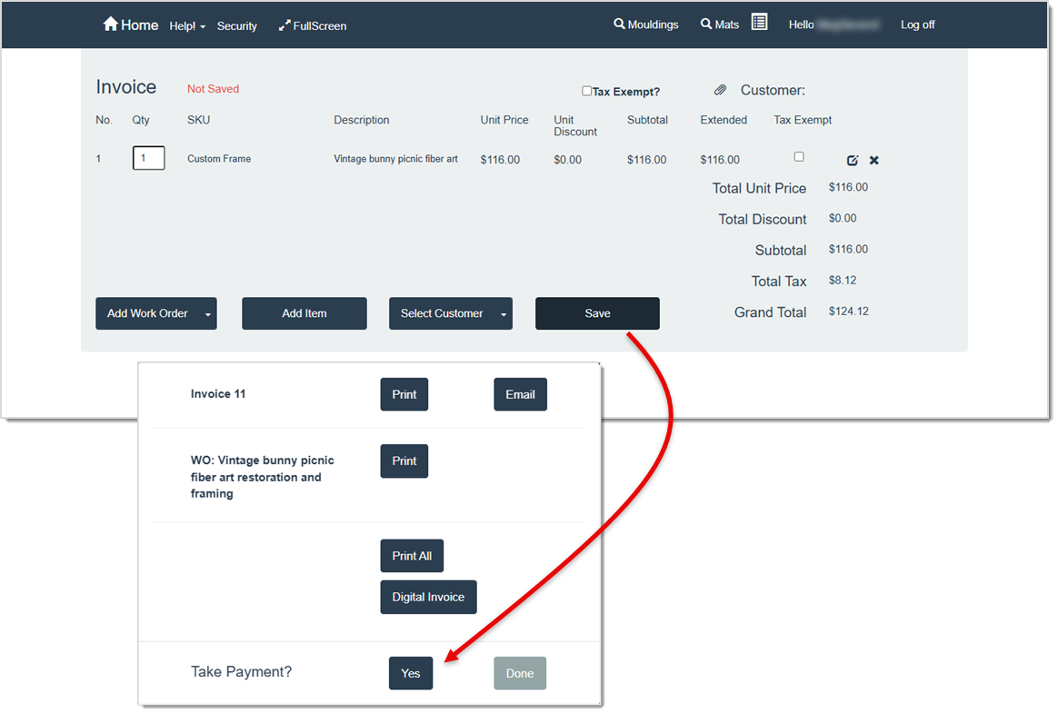 Image showing how to start finalizing a tax-exempt invoice in the LifeSaver software.