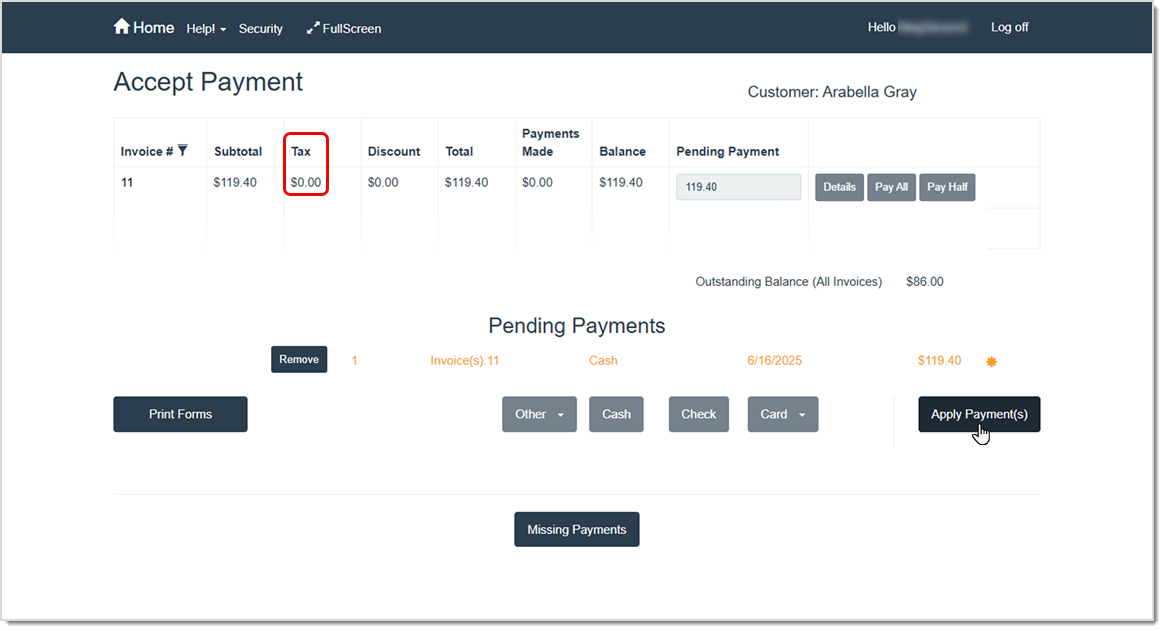Image showing the Accept Payment page with no applied sales tax because the customer has a tax ID that is exempt.