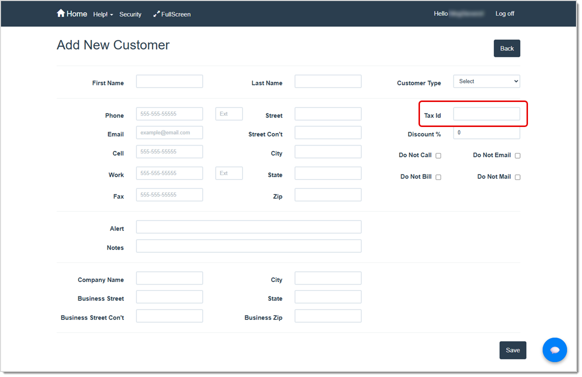 Image showing where to save an exempt tax ID on a customer record in the LifeSaver software.
