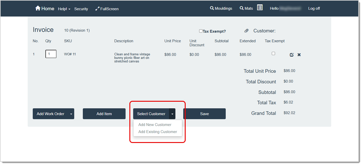 Image showing how to enter an exempt Tax ID for a customer if you’ve already started an invoice in the LifeSaver software.