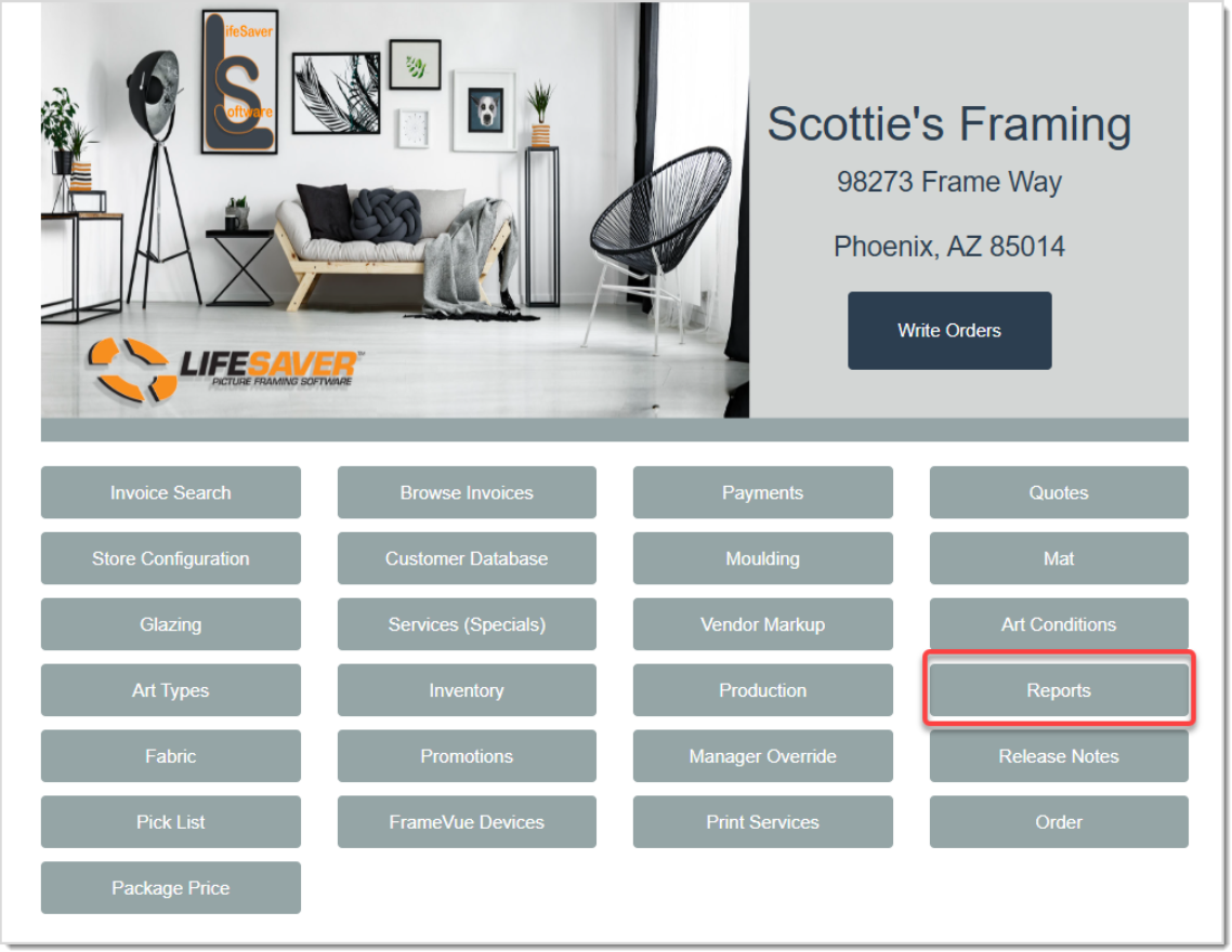Image displaying the LifeSaver Home page, highlighting the Reports button.