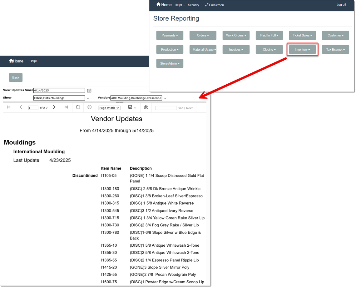 Image displaying the process of clicking the Inventory drop-list, then selecting the Vendor Updates option will take you to the Vendor Updates page.