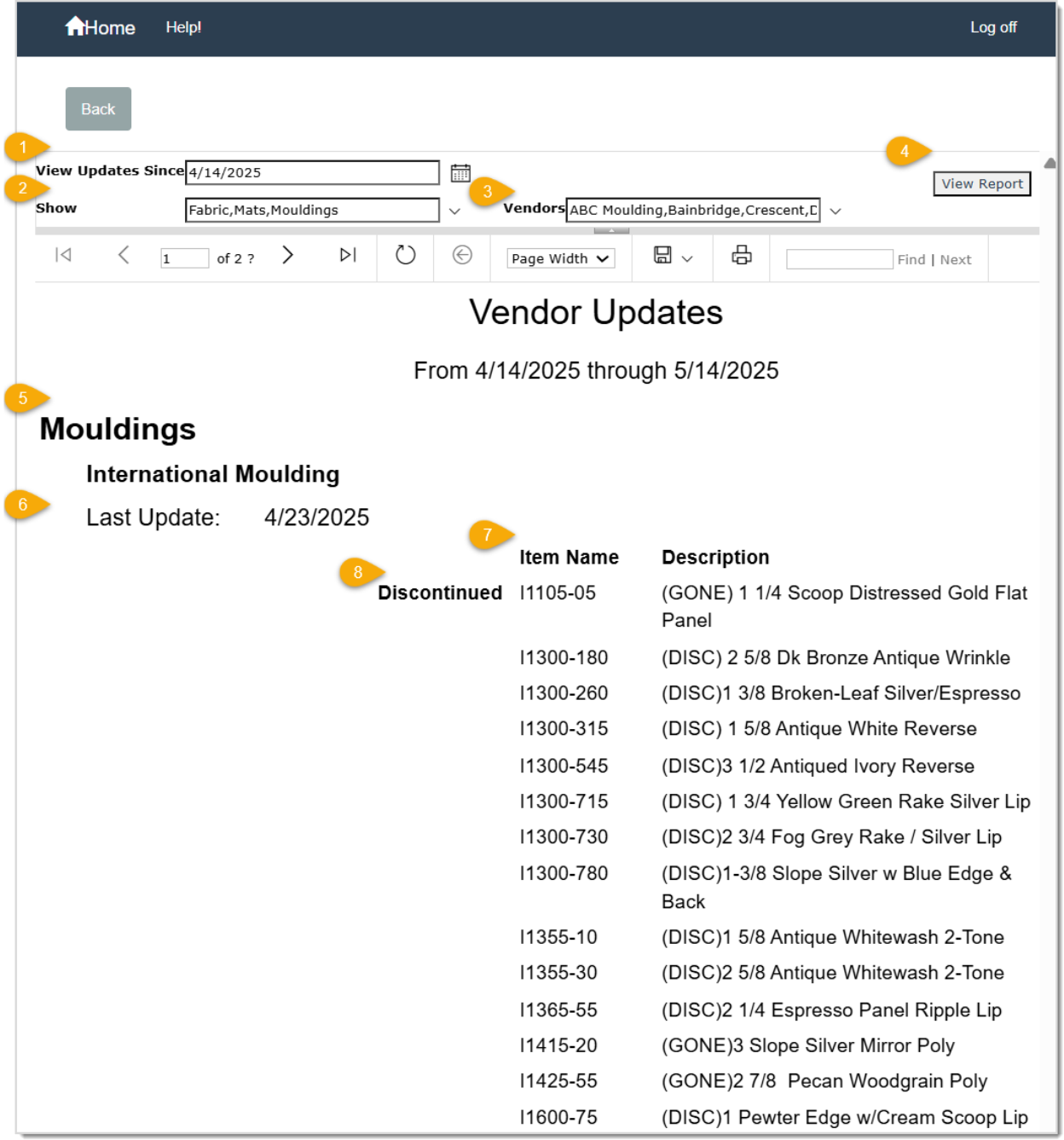 Image displaying the Vendor Updates report page with key features highlighted.
