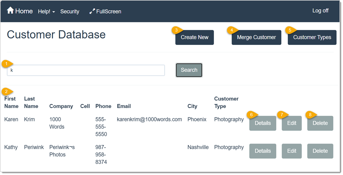 Image displaying the Customer Database page highlighting the various functions.