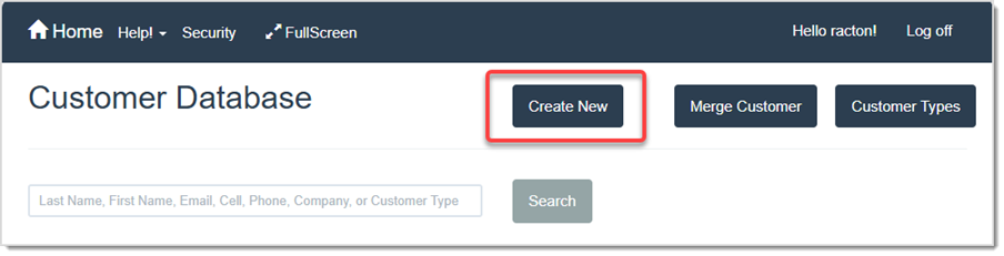 Image displaying the Customer database page, highlighting the Create New button.