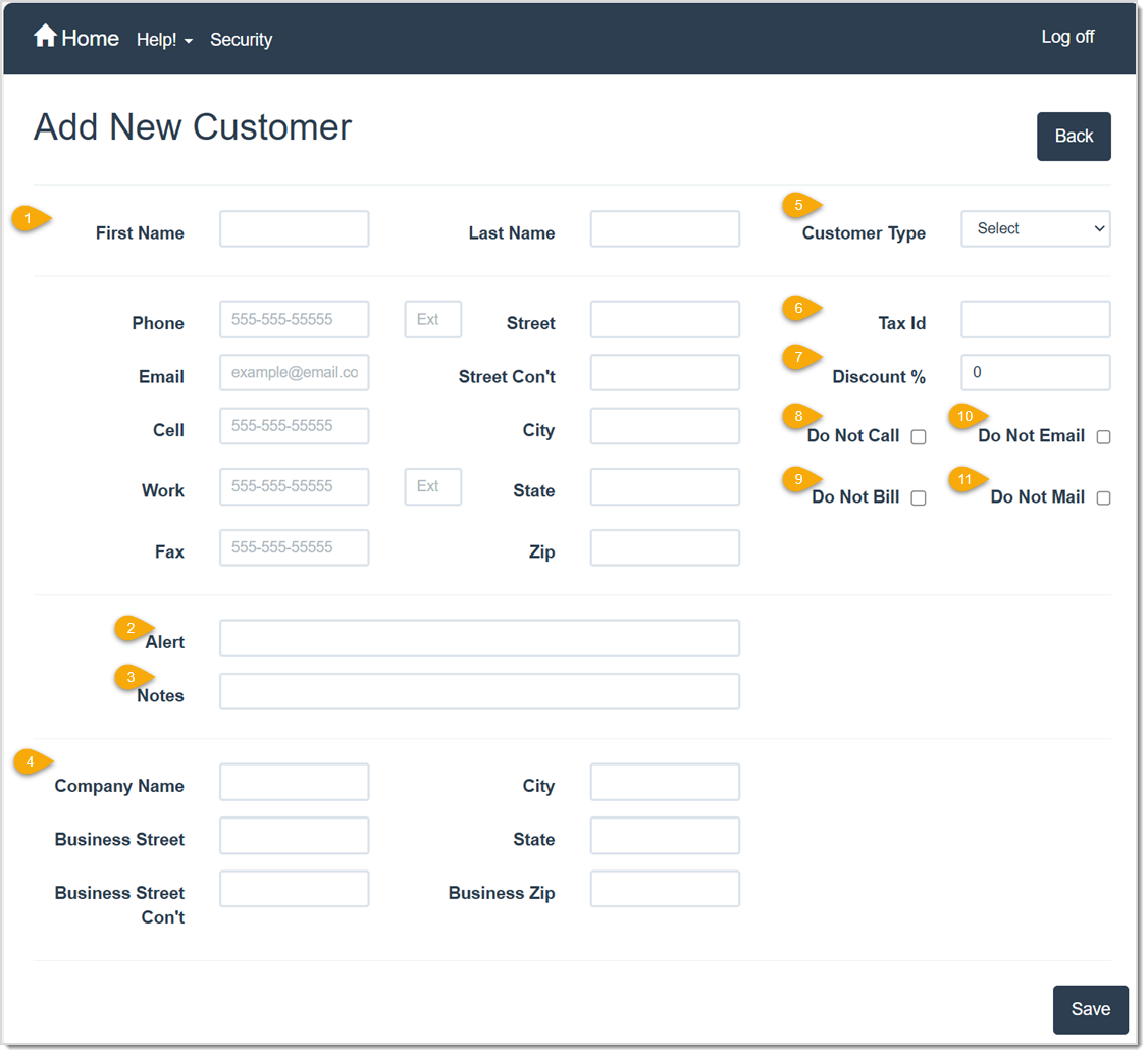 Image displaying the Add New Customer page of the LifeSaver system with key features highlighted.