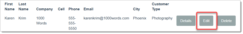 Image displaying customer information on the Customer Database page, highlighting the Edit button.